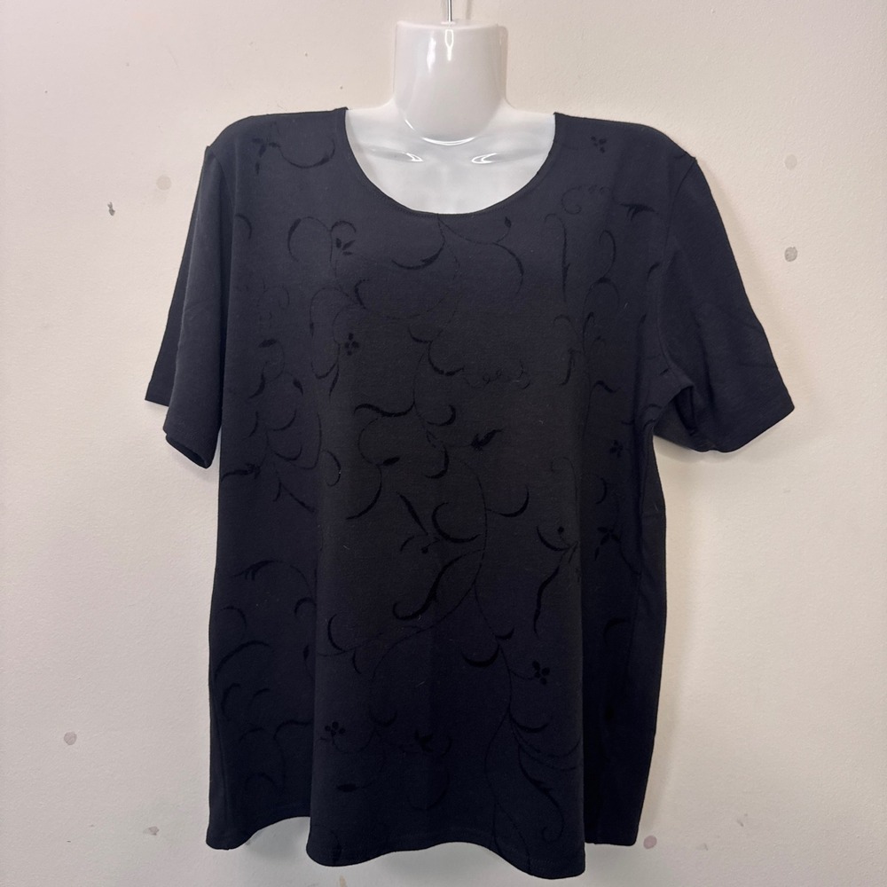 Charter Club Black Burnout Floral Top Short Sleeve Everyday Shirt Large Black